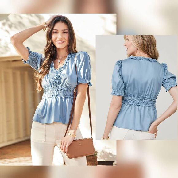 Spartina 449 Ginette Short Sleeve Feminine Ruffle Detail Cinched Waist Top Blous - Picture 1 of 6